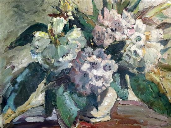 § Attributed to Dorothea Sharp RBA, ROI (1874-1955) Still life of rhododendron flowers in a white jug 15 x 20in.